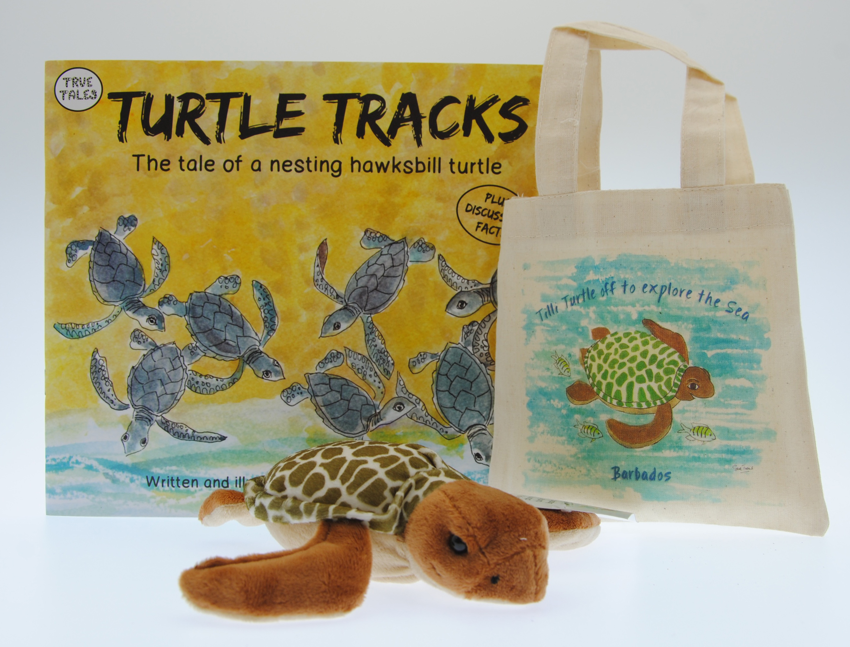 Sue Trew's original book Turtle Tracks with a mini Tilli and a mini tote._1